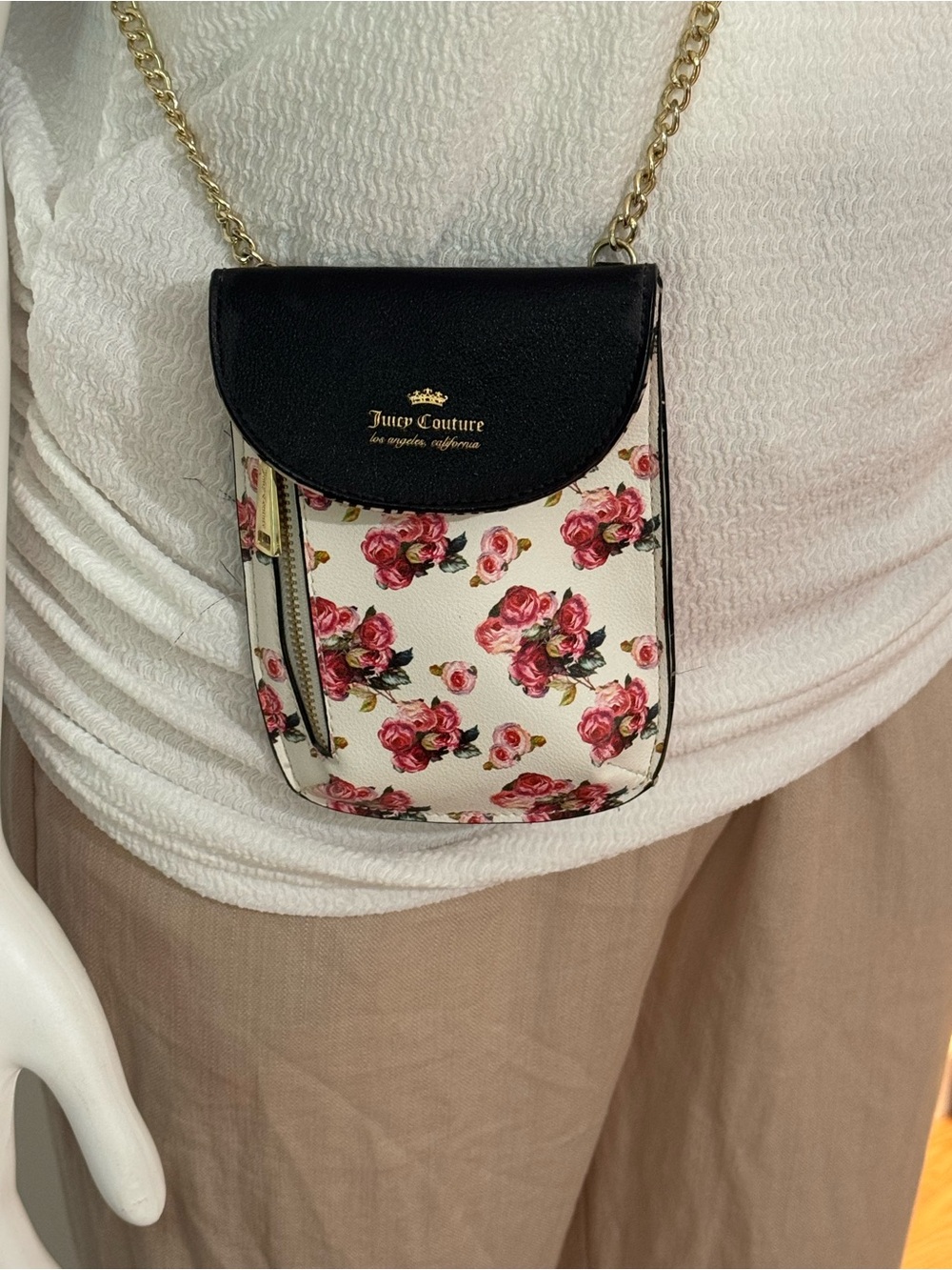 Juicy Couture Mini Floral 8x4 Crossbody with Black Flap & Gold Chain